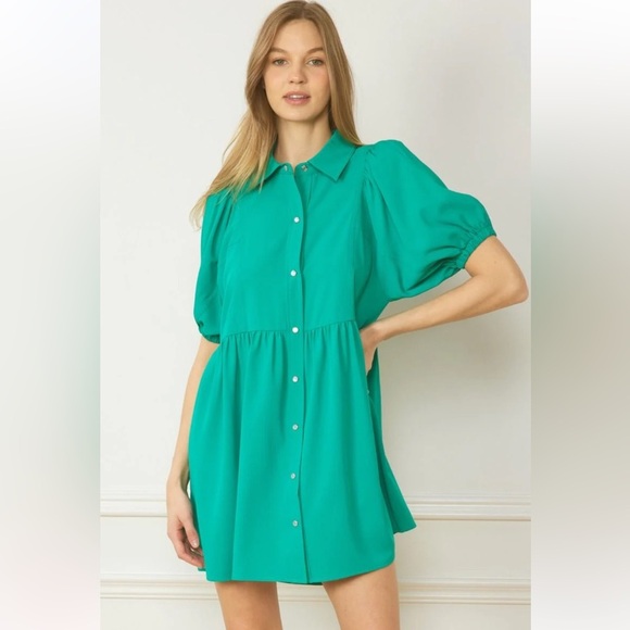 ENTRO Kelly Green Babydoll Style Collared Puff Sleeve Dress Pearl Snap - Picture 3 of 11